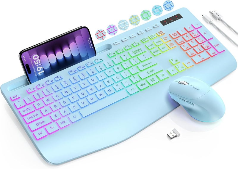 SABLUTE Wireless Keyboard and Mouse Combo, 9 Backlit Effects, Wrist Rest, Phone Holder, 2.4G Lag-Free Ergonomic Keyboards, Rechargeable Silent Cordless Set for Computer, Laptop, Mac, Windows - (Blue) - Image 1